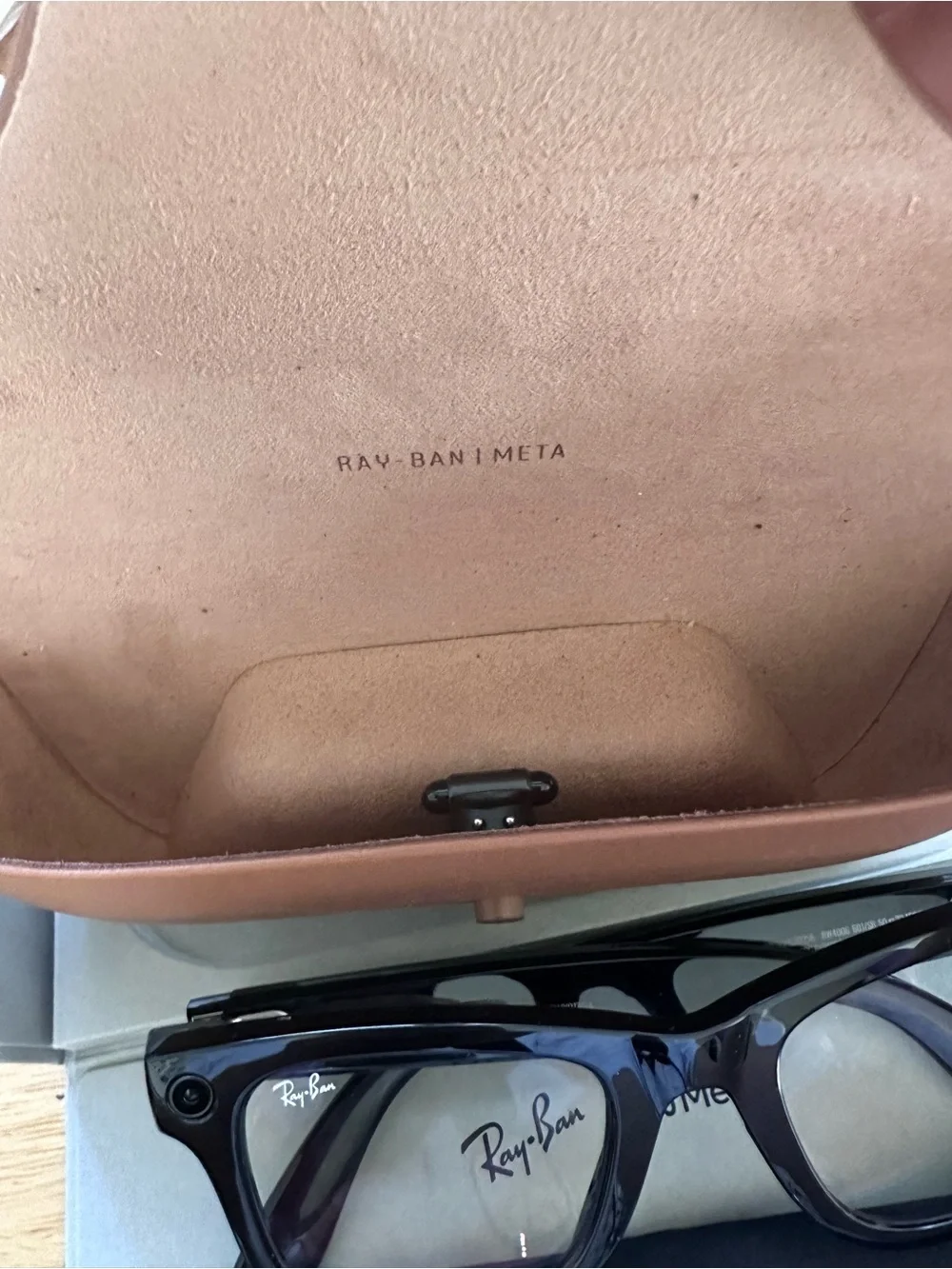 Ray-Ban Brown Leather Sunglasses Case with Ray-Ban x Meta Branding